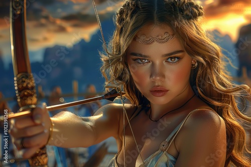 Artemis - greek mythology, eternally young goddess of hunting, female chastity, patroness of all life on earth, bringing happiness in marriage, aiding in childbirth, later known as goddess of moon. photo