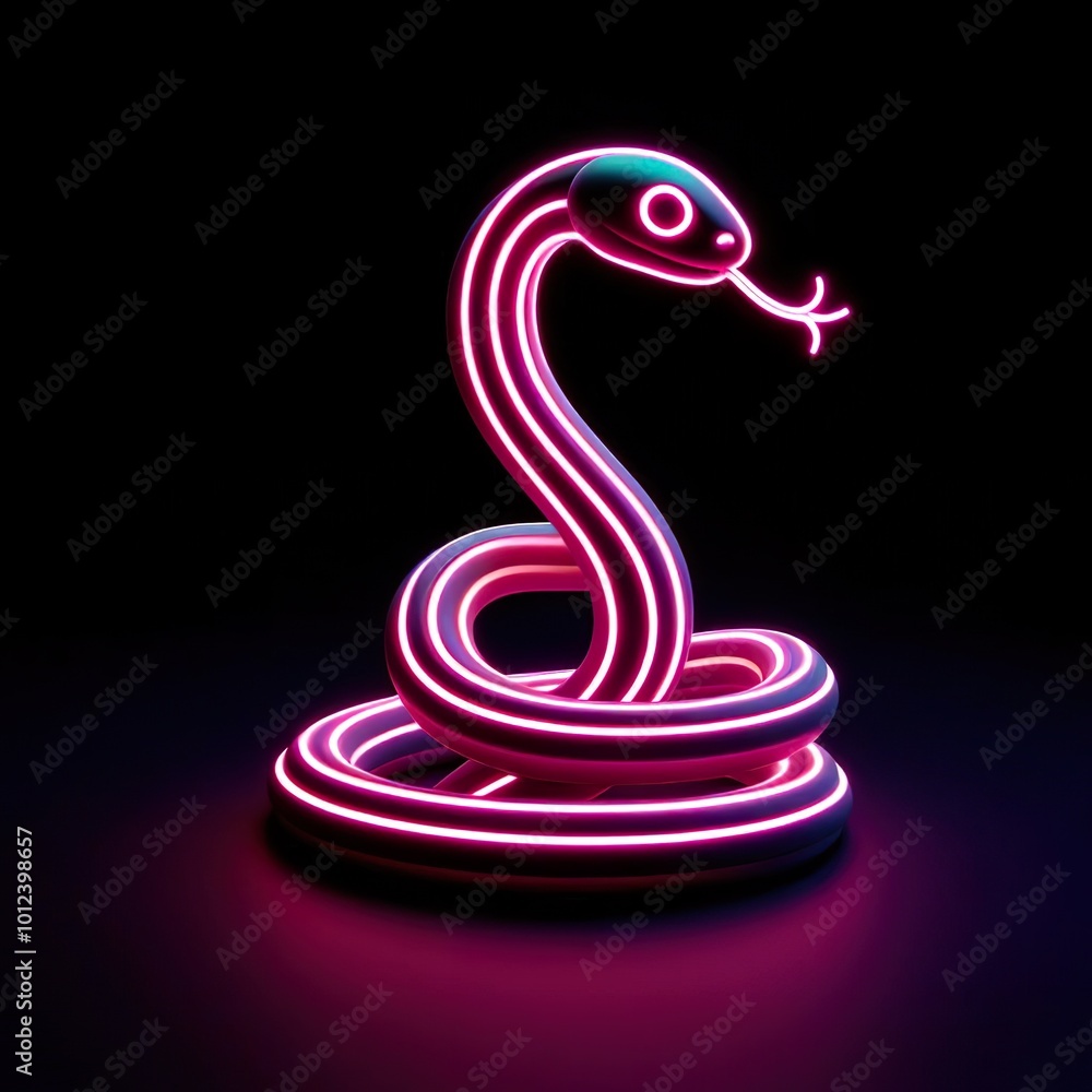Fototapeta premium snake on a black background. 3D rendering. Neon lights