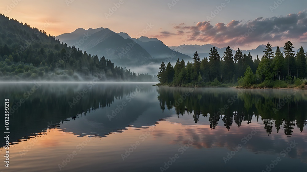 Misty Morning at the Lake with Mountain Reflections Misty Morning at the Lake with Mountain Reflections