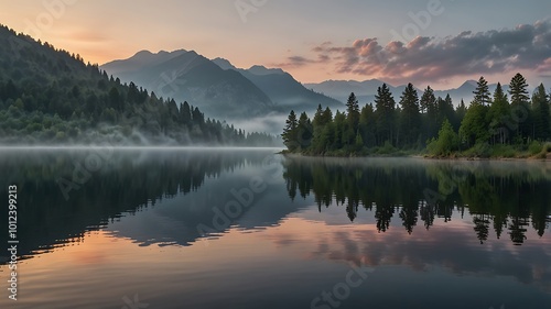 Misty Morning at the Lake with Mountain Reflections