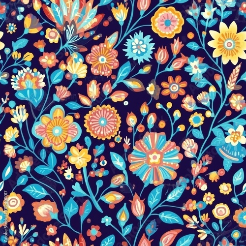 Wallpaper Mural Vibrant floral seamless pattern with colorful flowers on a dark background, ideal for summer decor and tile designs.   Torontodigital.ca