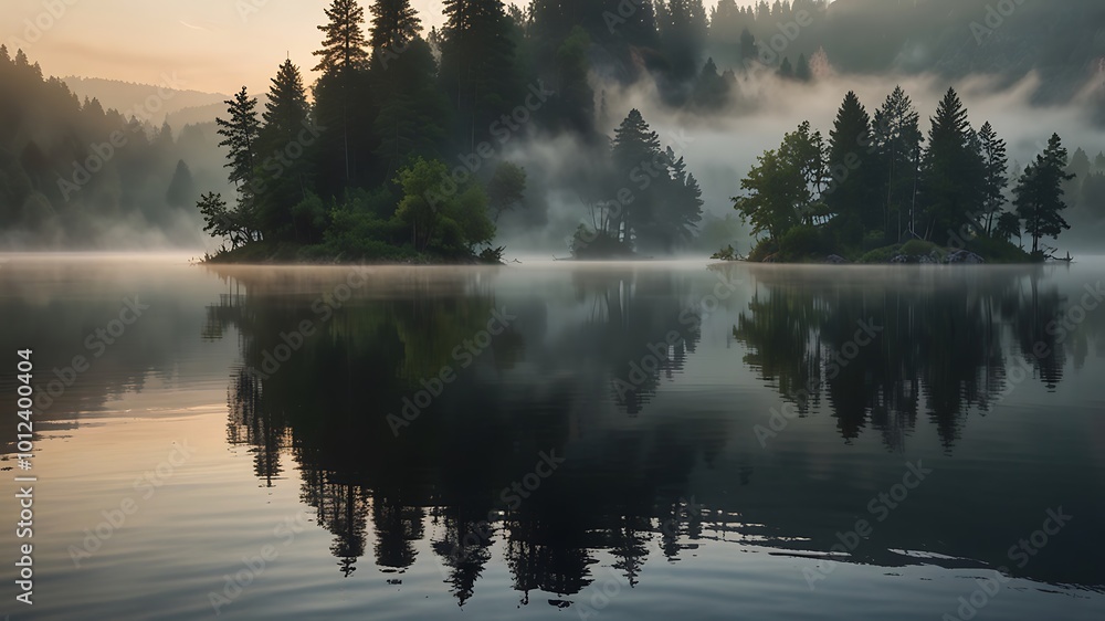 Misty Morning Reflections on a Still Lake Misty Morning Reflections on a Still Lake