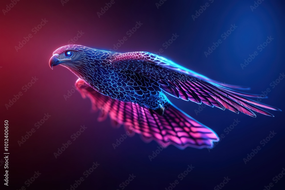 Obraz premium A vibrant, stylized hawk in mid-flight, showcasing intricate feather details against a dynamic blue and red background.