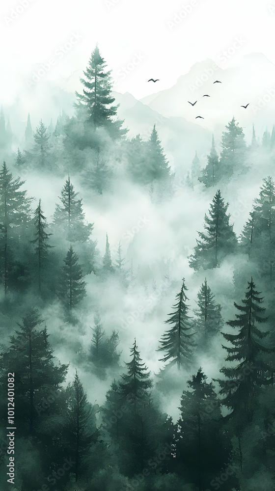 Misty Forest Landscape Illustration - Fog, Mountains, Trees Misty Forest Landscape Illustration - Fog, Mountains, Trees