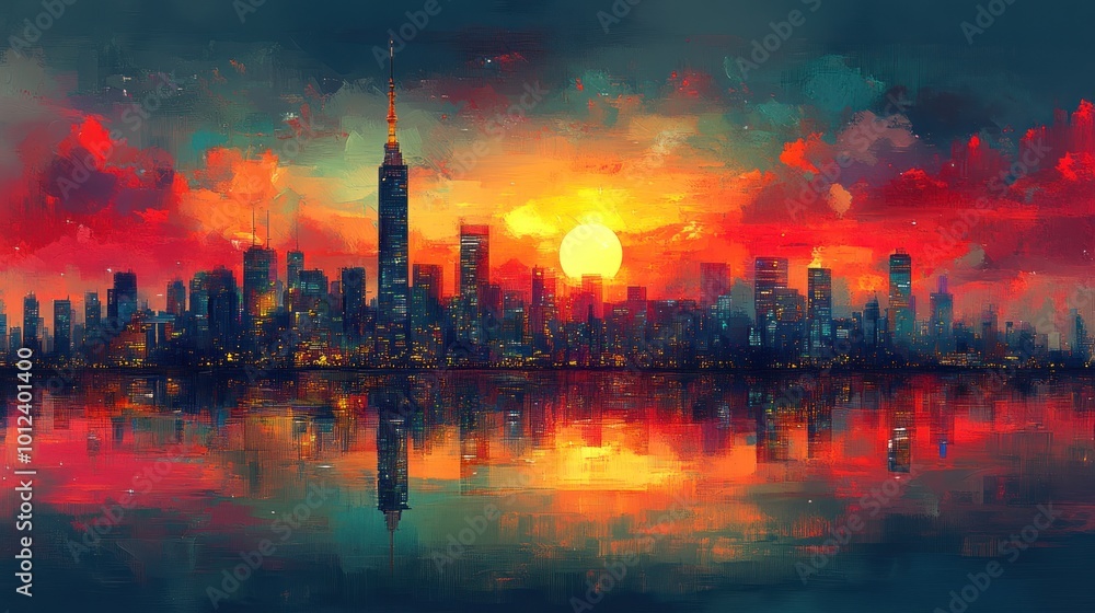 Fototapeta premium A vibrant cityscape skyline with a glowing sunset reflected in the water.