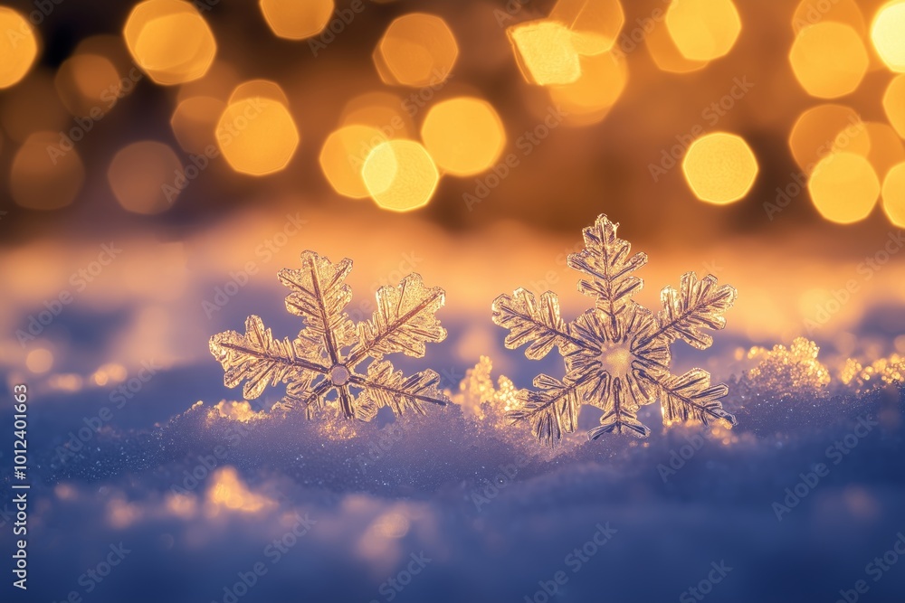 Delicate Close-Up of Two Intricate Snowflakes Resting on Sparkling Snow Delicate Close-Up of Two Intricate Snowflakes Resting on Sparkling Snow