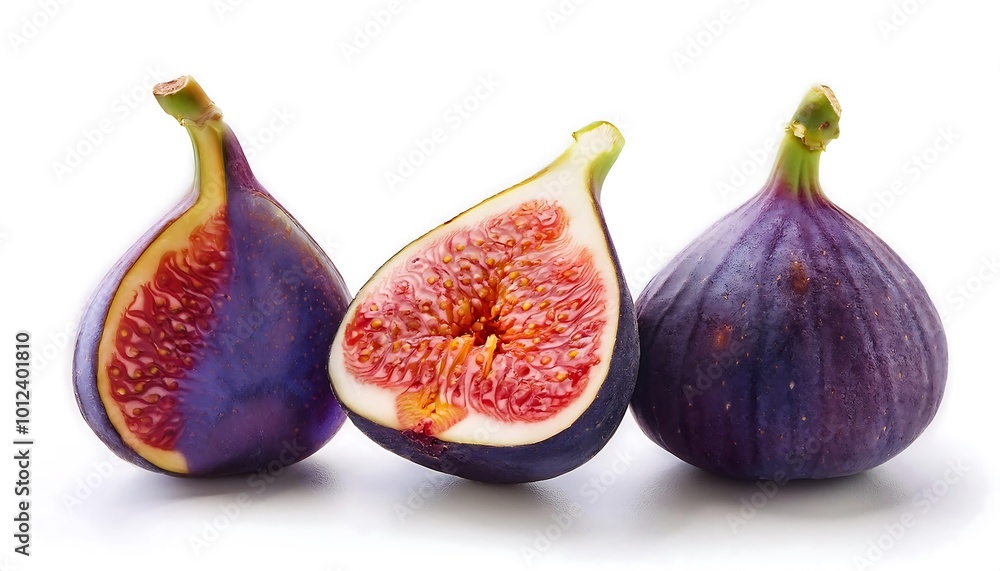 Fresh figs displayed in various orientations, showcasing their rich color and interior textures. Generative AI