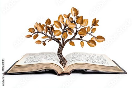 An open book with a tree sprouting from its pages, symbolizing knowledge and growth. Isolated on a white background. photo