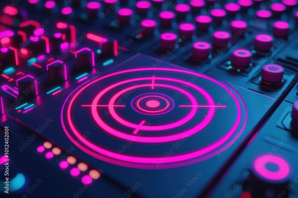 Close-up of a modern DJ mixer with vibrant neon lights, showcasing intricate controls and a flashy design, perfect for music enthusiasts. Close-up of a modern DJ mixer with vibrant neon lights, showcasing intricate controls and a flashy design, perfect for music enthusiasts.