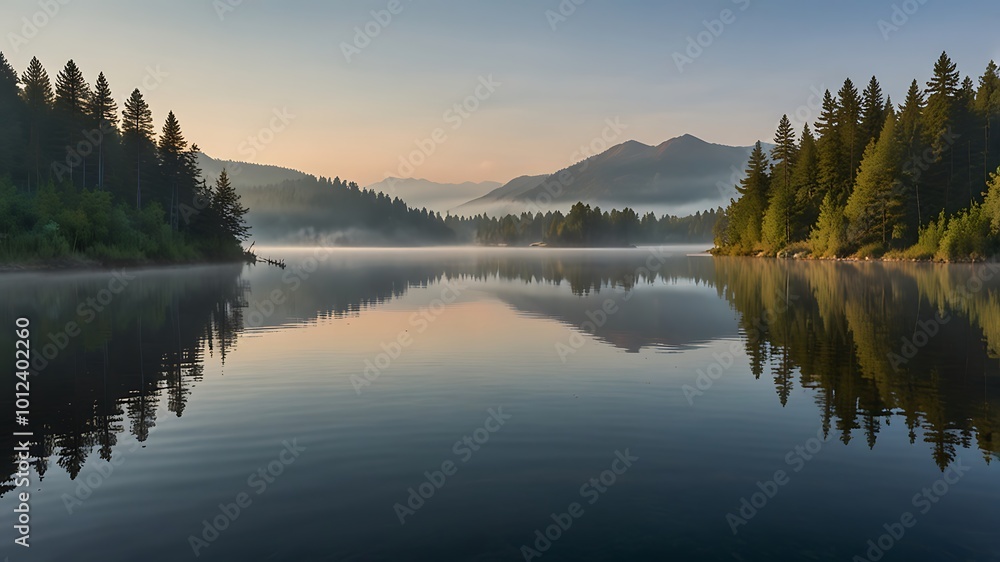 Serene Mountain Lake at Dawn with Fog and Reflections Serene Mountain Lake at Dawn with Fog and Reflections