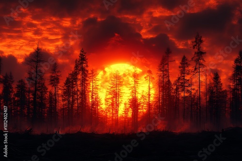 Fiery Sunset Over Silhouette Forest, Dramatic Sky and Woodland Scene