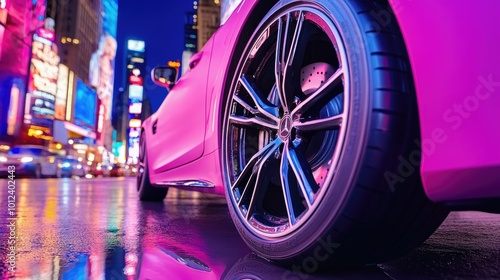 A car wheel on slick, wet pavement during a rainy sunset in the city, capturing the reflections of lights and water in a moody urban scene.