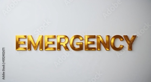 emergency word lettering gold hue elegant concept on plain white background