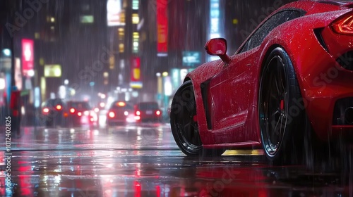 A car wheel on wet pavement during rain at sunset, with reflections of the city lights dancing on the water, creating a moody urban scene.