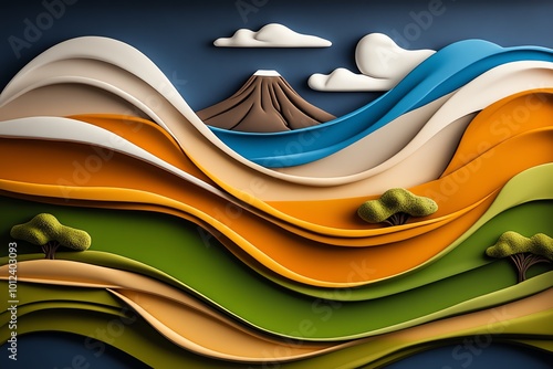 Geometric design of the Great Rift Valley with Mount Longonot in the background, abstract shapes representing the dramatic landscape and volcanic features photo