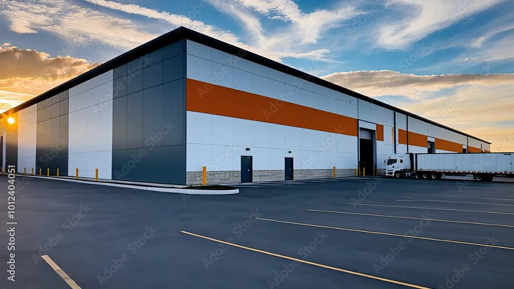 Industrial Warehouse Building with Truck in Parking Lot Industrial Warehouse Building with Truck in Parking Lot