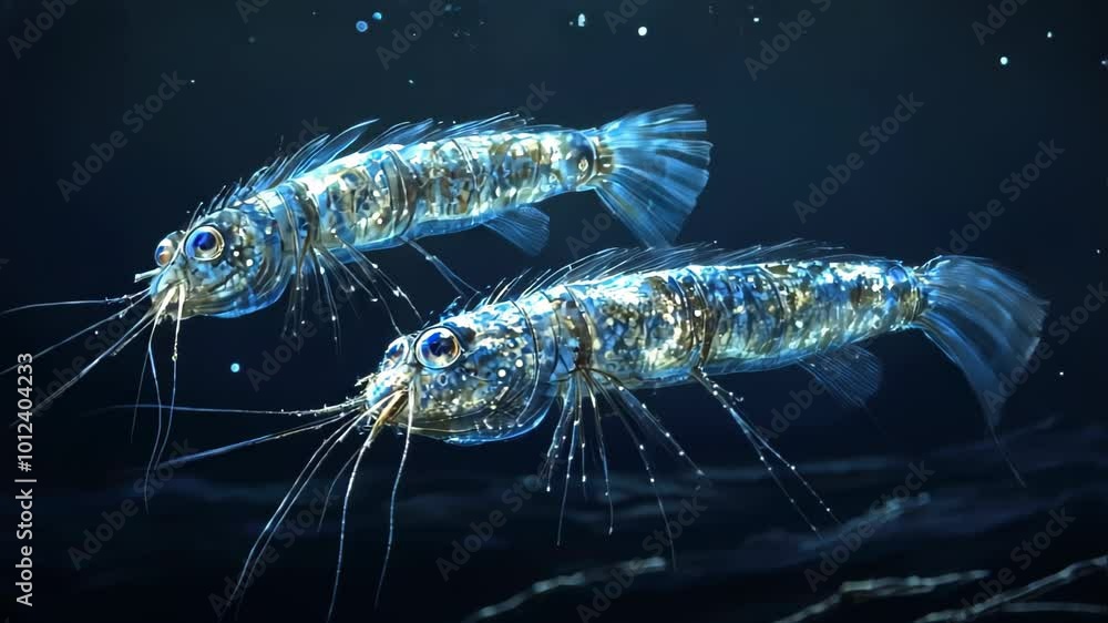 Three shimmering shrimp swimming in dark water, surrounded by bubbles. Three shimmering shrimp swimming in dark water, surrounded by bubbles.