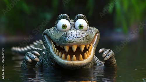 A whimsical and funny crocodile character, showcasing a playful demeanor with a big smile and exaggerated features. This charming illustration captures the crocodile in a light-hearted pose