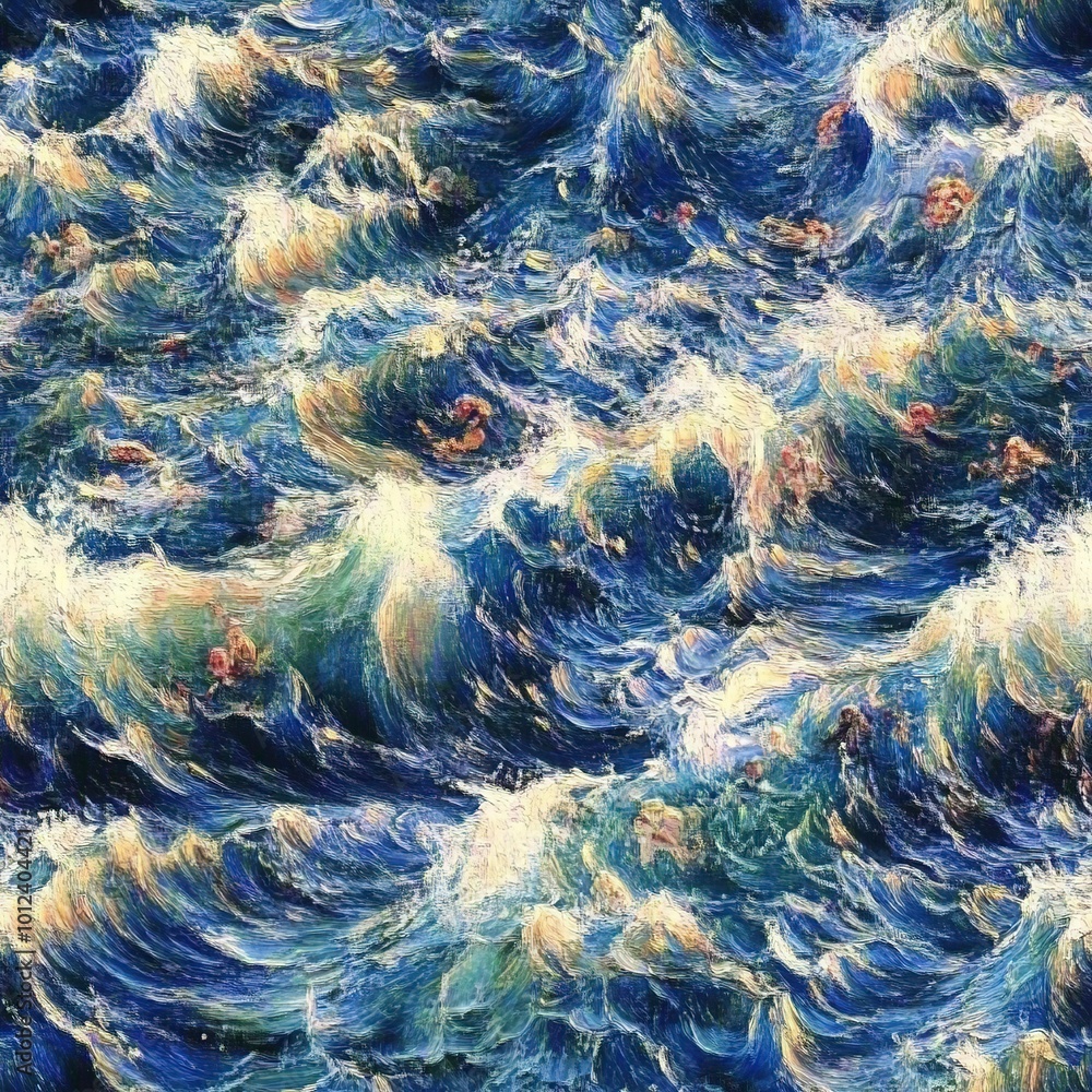 Fototapeta premium Sea wave seamless able texture illustration. Tile pattern of digital painting in impressionism style for wallpaper or fabric. 