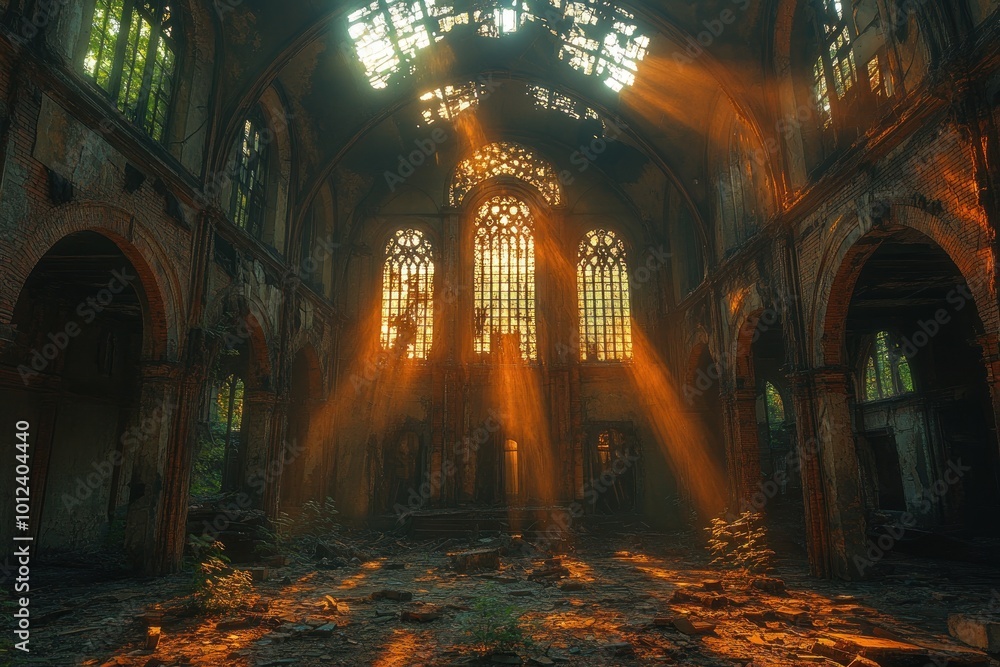 Sunbeams shine through the broken windows of an abandoned church. Sunbeams shine through the broken windows of an abandoned church.