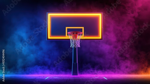 Vibrant neon basketball hoop against a colorful smoke background, capturing the energy and excitement of a basketball game under dynamic lighting.