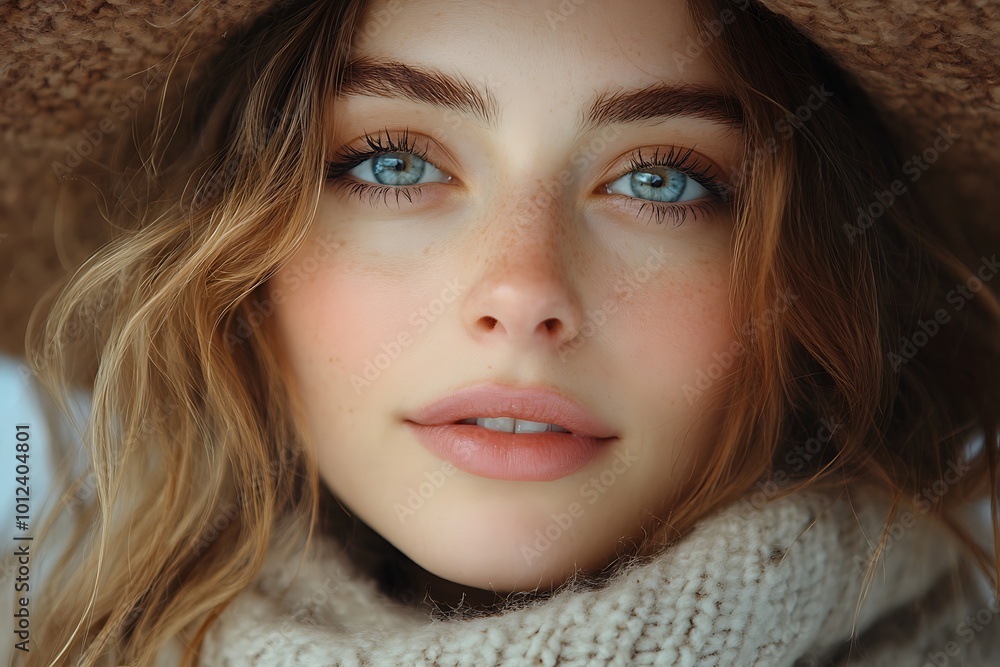 Close up portrait of a beautiful woman with blue eyes, wearing a knitted scarf and a straw hat Close up portrait of a beautiful woman with blue eyes, wearing a knitted scarf and a straw hat