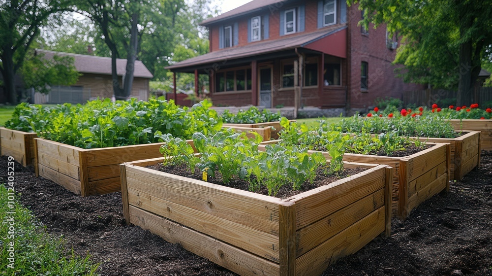 A well-kept garden with raised beds filled with growing plants in front of a suburban home. A well-kept garden with raised beds filled with growing plants in front of a suburban home.