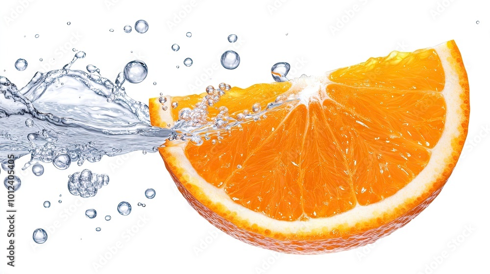 A close-up of an orange slice dropping into water, bubbles and droplets around it, evoking a sense of freshness and vitality. A close-up of an orange slice dropping into water, bubbles and droplets around it, evoking a sense of freshness and vitality.