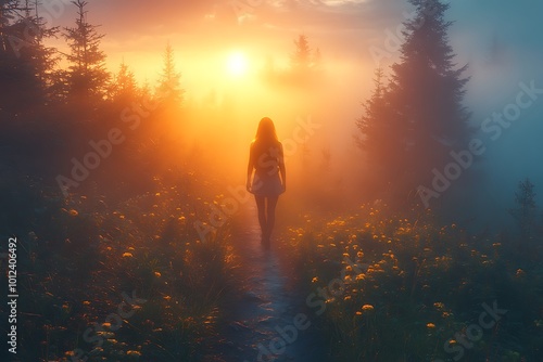 Silhouette of a woman walking toward the sunrise in a foggy forest.