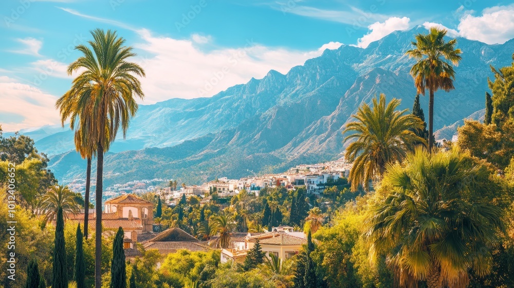 A panoramic view of a city nestled in a valley surrounded by palm trees and mountains.