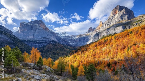 A panoramic view of a mountain range with a valley covered in autumn colors.