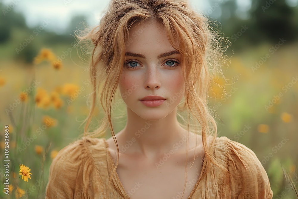 Fototapeta premium Beautiful young woman with blonde hair and blue eyes in a field of flowers