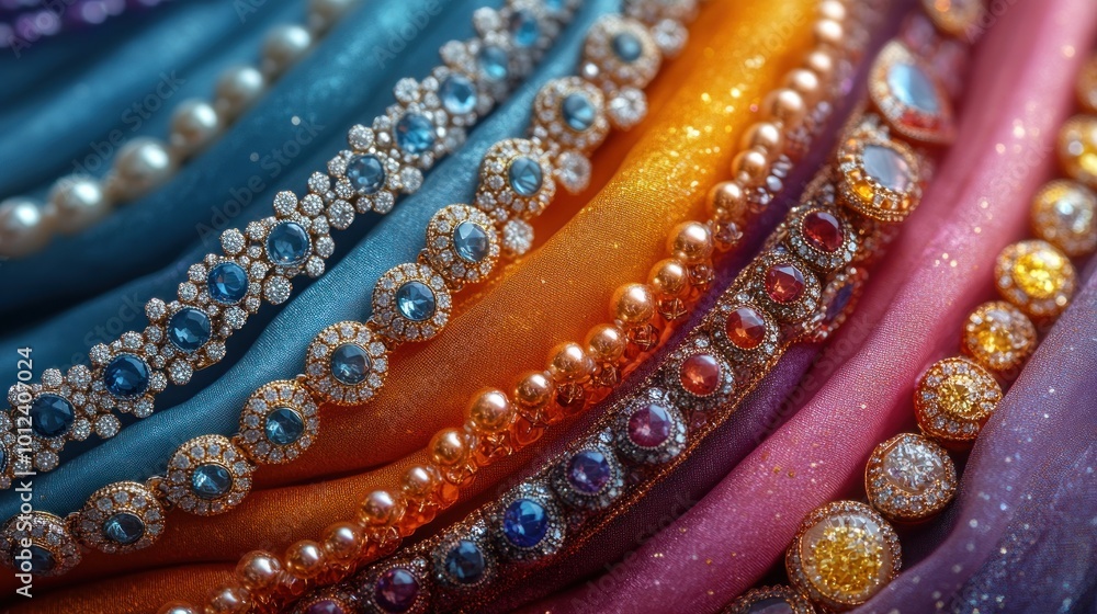 Fototapeta premium Close-up of colorful fabric with sparkling jewels.