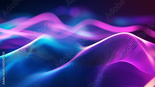 Neon glow in shades of purple and blue forming abstract patterns on a dark background creating a surreal, digital look.