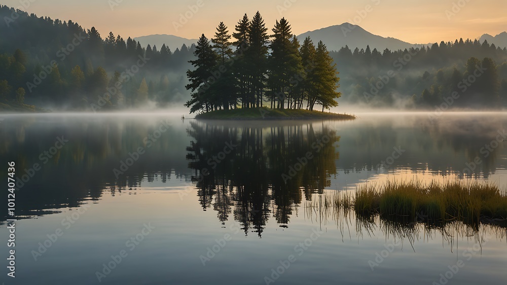 Misty Morning Reflection on a Tranquil Lake Misty Morning Reflection on a Tranquil Lake