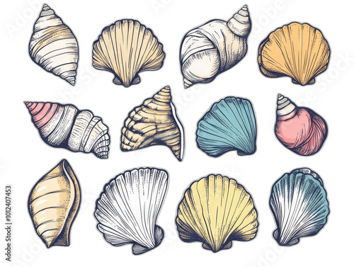 Seashell Serenity: Minimalistic Graphic Poster Design with Playful Color Palette and Black Outlines on White Background