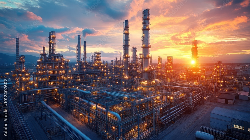 A large oil refinery complex at sunset, with many tall towers and pipes, lit up by the setting sun. A large oil refinery complex at sunset, with many tall towers and pipes, lit up by the setting sun.