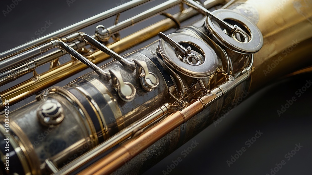 Naklejka premium Close-up of a Saxophone: A Symphony of Metal and Sound