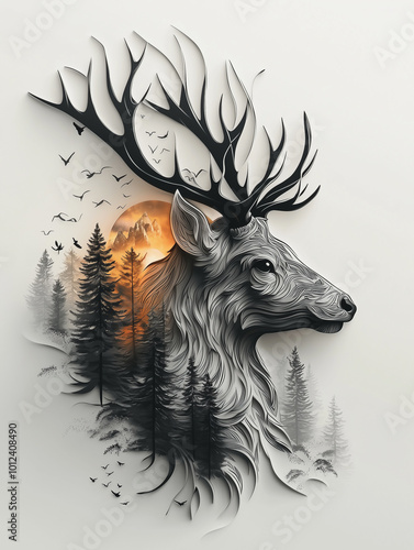 Paper-cut style deer head with intricate antlers and nature elements photo