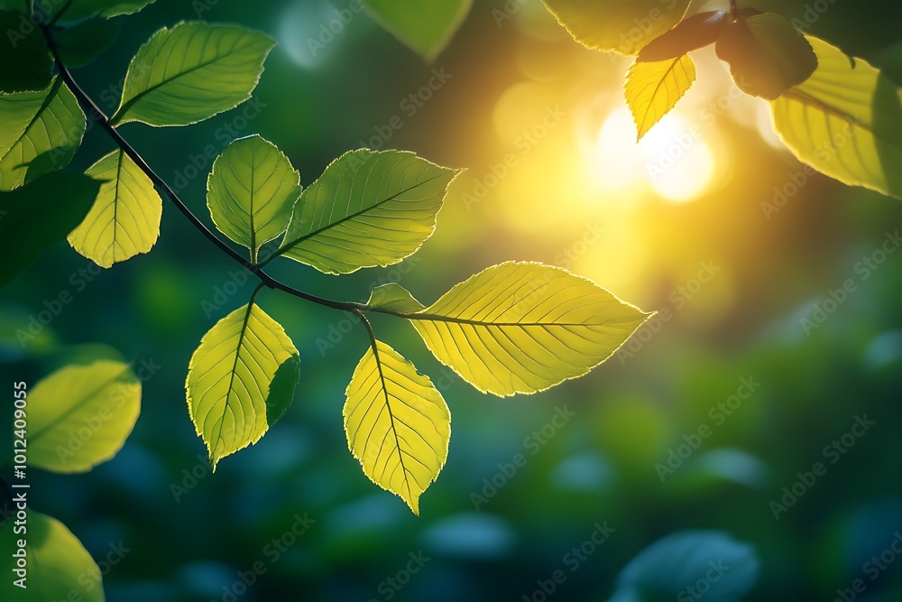 Sunlight shining through green leaves of a tree branch in a forest. Beautiful nature background for spring or summer design. Sunlight shining through green leaves of a tree branch in a forest. Beautiful nature background for spring or summer design.