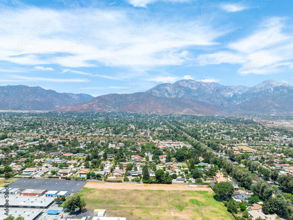 Aerial view of Upland city in San Bernardino County, California, on the border with neighboring Los Angeles County.
