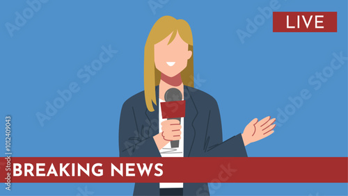 Female reporter, journalist is working with a news microphone in hand. Live and breaking news text. Isolated on a blue background. Flat vector illustration.