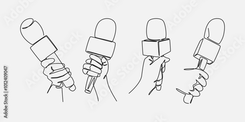 Set of drawing of hands holding news microphone in continuous one line drawing style. Journalist, reporter concept. Vector illustration