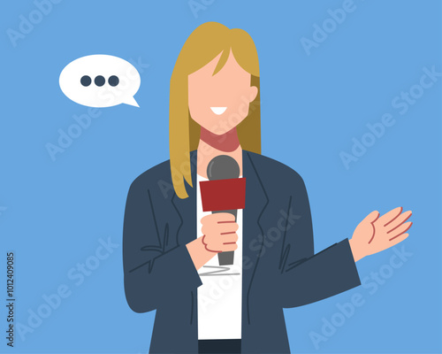 Female reporter, journalist is working with a news microphone in hand. Isolated on a blue background. Flat vector illustration.