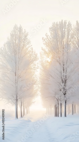 A captivating real-life photo capturing the essence of the first day of winter, featuring a serene snowy landscape or frosted trees with a soft winter light, providing ample space for adding messages 