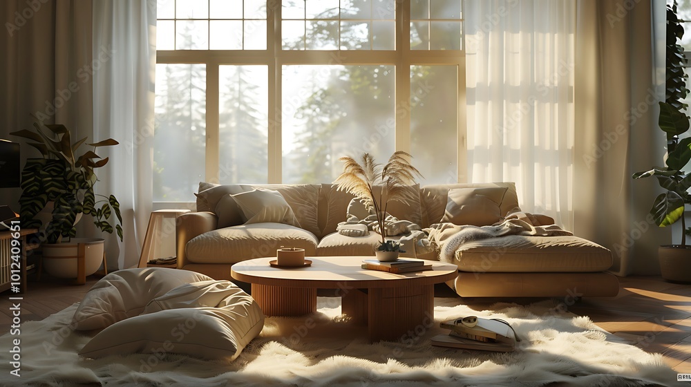 A cozy living room with large windows, a beige sofa, a wooden coffee table, and a soft shaggy rug underfoot A cozy living room with large windows, a beige sofa, a wooden coffee table, and a soft shaggy rug underfoot