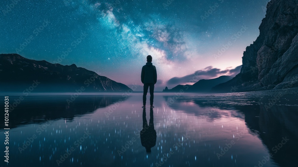 A solitary figure stands on a calm lake shore, gazing up at the Milky Way, reflected in the still water. The silhouette is dwarfed by the vastness of the starry night sky. A solitary figure stands on a calm lake shore, gazing up at the Milky Way, reflected in the still water. The silhouette is dwarfed by the vastness of the starry night sky.