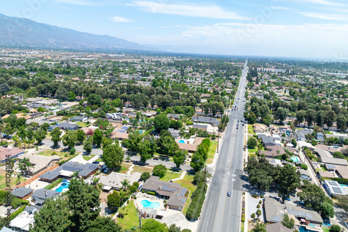 Canvas Print Aerial view of Upland city in San Bernardino County, California, on the border with neighboring Los Angeles County