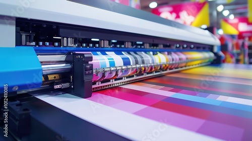 Large format printer with colorful ink cartridges and printed paper