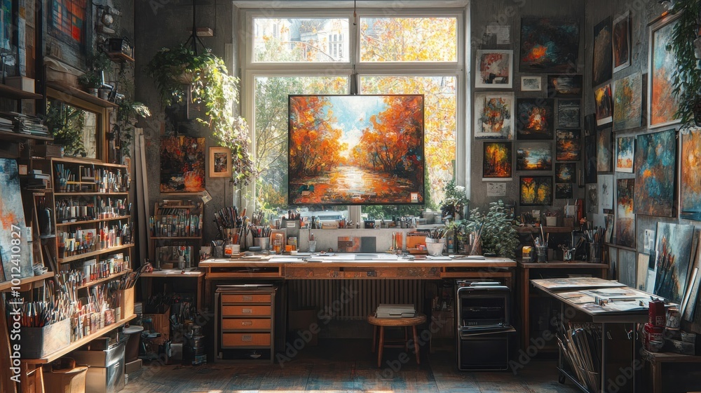 A well-lit artist's studio with a large window, a wooden desk, a stool, and shelves filled with art supplies. There are several paintings on the walls. A well-lit artist's studio with a large window, a wooden desk, a stool, and shelves filled with art supplies. There are several paintings on the walls.